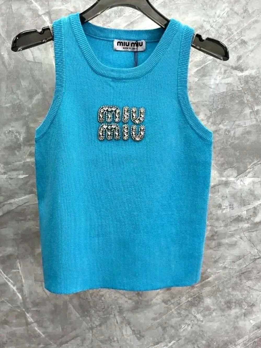 Miu Crystal-Embellished Rib-Knit Tank Top Blue